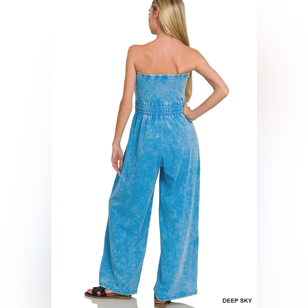 Zenana Outfitters Deep Sky Blue Strapless Wide-Leg Jumpsuit - Picture 2 of 4